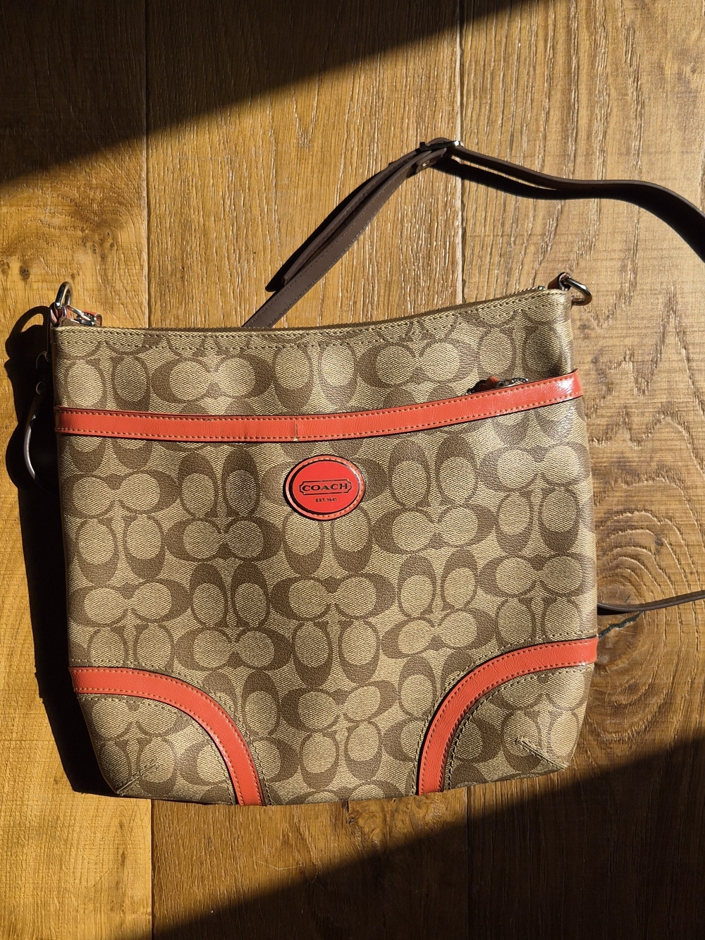 Coach Signature Canvas Crossbody Bag in Khaki with Coral Trim